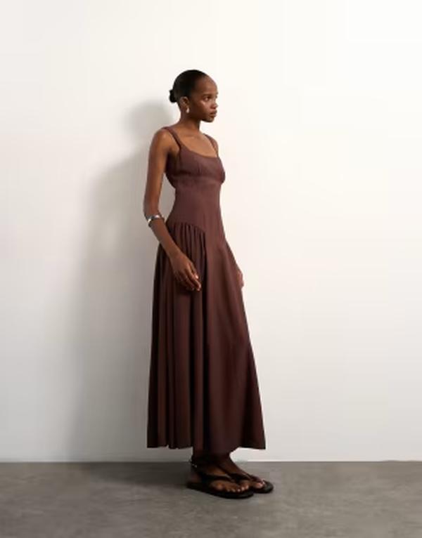 とっ始め販売店 レディース トップス 衣装 リネン マキシ Topshop dropped waist linen maxi dress インチ chocolate 黒茶