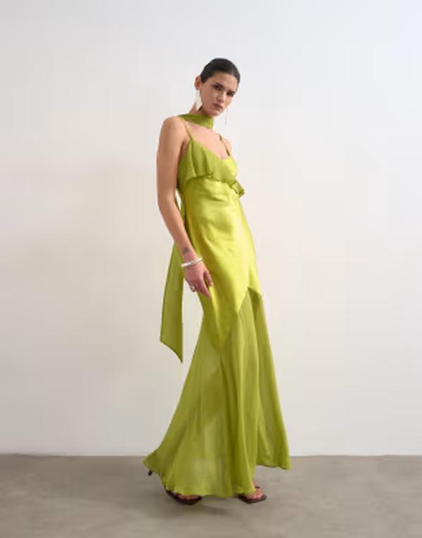 とっ始め販売店 レディース トップス 衣装 フラウンス マキシ Topshop mixed fabric ruffle detail maxi slip dress Green 緑であること
