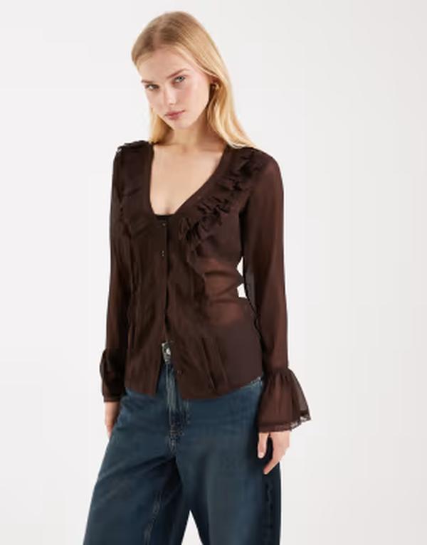 ミスセルフフリッジ レディース トップス シャツ シフォン ブラウス Misselfridge frill front flared sleeves chiffon blouse Chocolate チョコレート｜ReVida 店