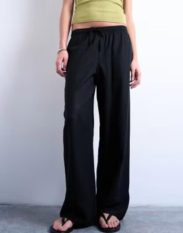 トップショップ レディース ボトムス カジュアルパンツ ストレート リネン Topshop linen blend straight leg pants with deep cuffs black ブラック|ReVida 店