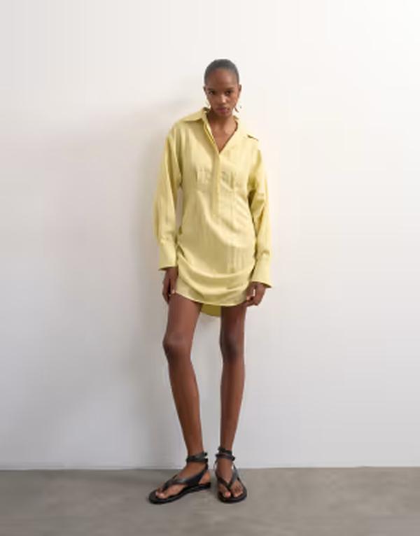 とっ始め販売店 レディース トップス 衣装 ミニ プルオーバー スコート リネン Topshop linen gathered skirt mini shirt dress インチ yellow 黄み ワンピース-レディースファッション