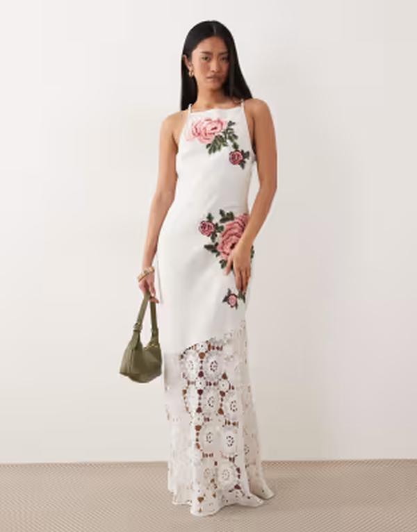 エイソス レディース トップス 衣装 刺しゅう マキシ ASOS DESIGN racer neck embroideredetailing crochet hemaxi dress White 白いこと