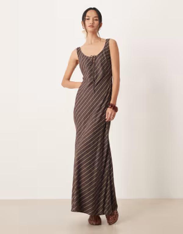 エイソス レディース トップス 衣装 midi ASOS DESIGN scoop neck tie front MIDI dress インチ dark based chocolate stripe Chocolate Stripe 黒茶