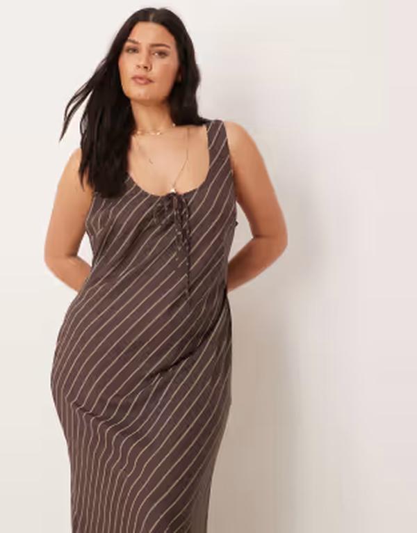 エイソス レディース トップス 衣装 刷り上げる midi ASOS Curve ASOS DESIGN Curve scoop neck tie front MIDI dress インチ chocolate stripe print Chocolate Stripe 黒茶