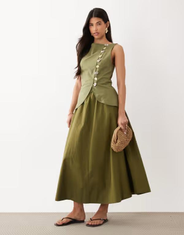 エイソス レディース トップス ワンピース ベスト スカート リネン ASOS DESIGN linen look vest midaxi dress with poplin skirt in olive オリーブ