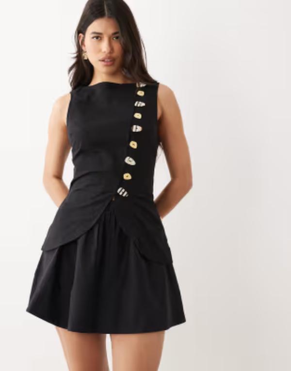 エイソス レディース トップス ワンピース ミニ ベスト スカート リネン ASOS DESIGN linen blend vest mini dress with poplin skirt Black ブラック