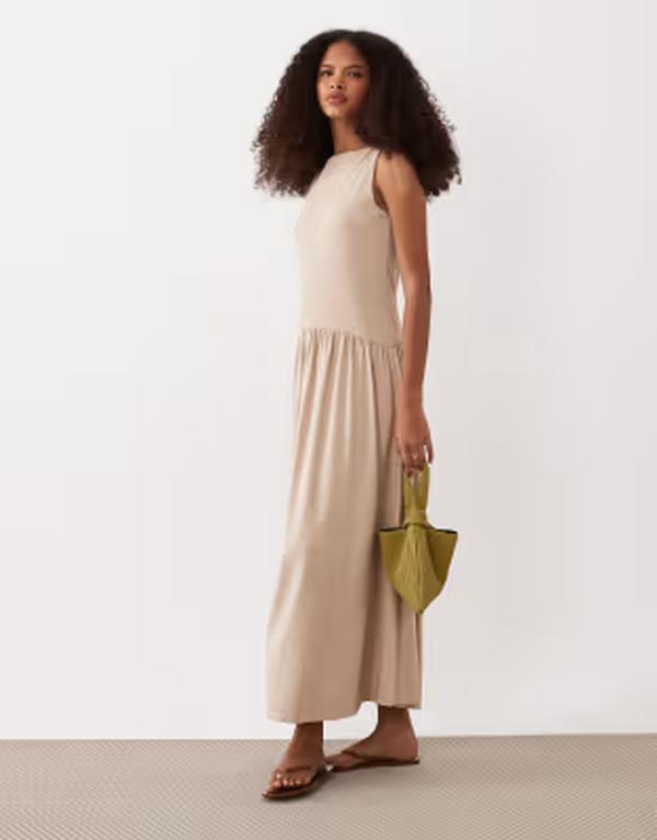エイソス レディース トップス ワンピース リブニット ミディ ニット ASOS DESIGN rib knit mixed fabrics midi dress with dropped waist in oatmeal オートミール