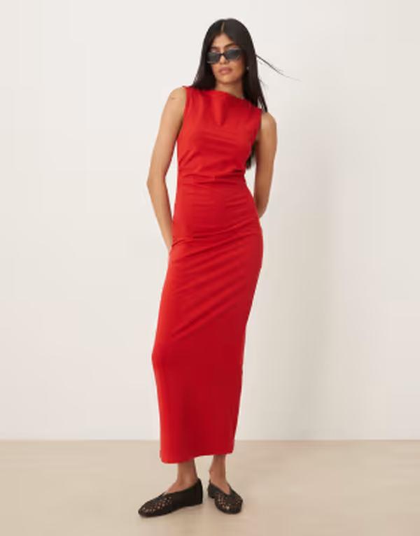 エイソス レディース トップス ワンピース ギャザー ミディ ASOS DESIGN ruched side midi dress with slash neck RED レッド 9,706円