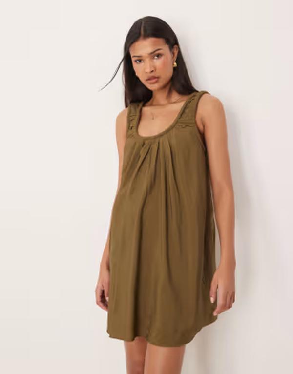 エイソス レディース トップス 衣装 ギャザー ミニ ASOS DESIGN techy scoop ruched neck mini sundress インチ olive オリーブ