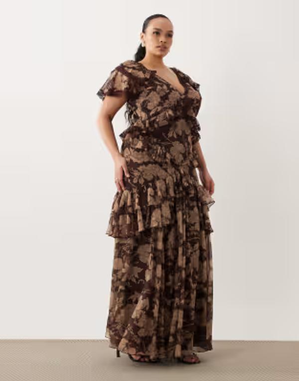 エイソス レディース トップス ワンピース オープンバック レーストリム フラワー柄 フリル レース マキシ フラワー ASOS Curve ASOS DESIGN Curve full hem ruffle maxi dress with lace trim detailing and open back floral Sage floral セージ