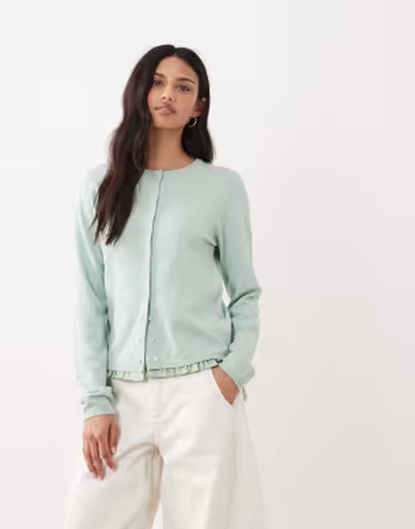 エイソス レディース アウター カーディガン ASOS DESIGN woven insert hem and cuff cardigan in sage セージ｜ReVida 店