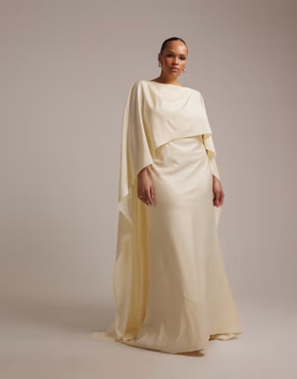エイソス レディース トップス ワンピース ケープデザイン オーバーレイ キャップ ケープ マキシ ASOS Curve ASOS DESIGN Curve cape overlay low back maxi wedding dress Ivory アイボリー