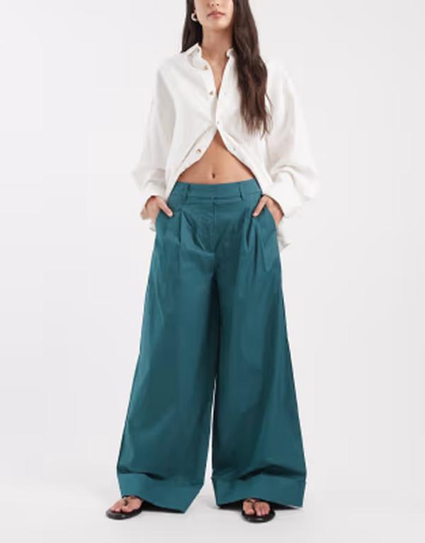 エイソス レディース ボトムス カジュアルパンツ ワイドレッグ ASOS DESIGN wide leg pants with turn up in teal - part of a seteal ティール