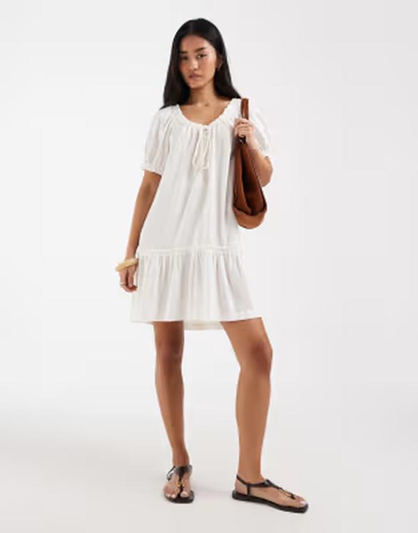 オンリー レディース トップス ワンピース ミニ リネン ONLY linen blendropped hemini dress Cloudancer ホワイト