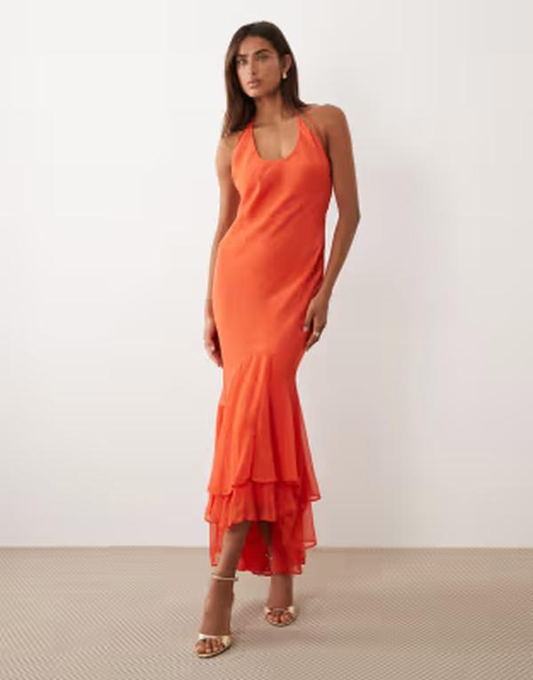 エイソス レディース トップス 衣装 フラウンス スコート マキシ ASOS DESIGN strappy fishtail skirt ruffle maxi dress RED 赤いこと