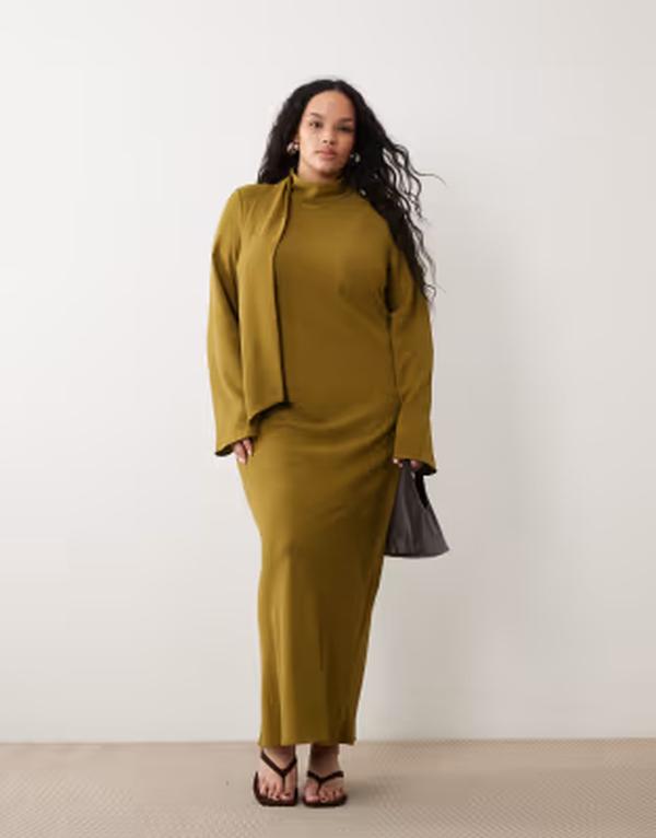 エイソス レディース トップス ワンピース ハイネック マキシ ASOS Curve ASOS DESIGN Curve high neck scarf detail maxi dress in olive オリーブ 19,965円