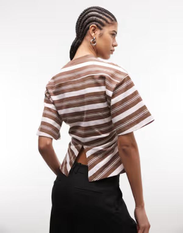 エイソス レディース トップス プルオーバー ASOS DESIGN corset waistee インチ chocolate and pink stripe PINK/CHOC STRIPE サクラ色