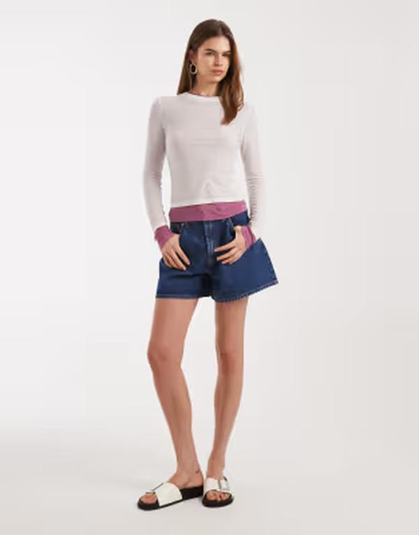 エイソス レディース ボトムス 二分の一ズボン下・さる股引き A 伝達ルート 遊撃手ズボン下 ASOS DESIGN longer a-line shorts インチ clean mid Rich mid blue 青み