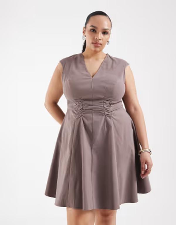 エイソス レディース トップス ワンピース Vネック ギャザー ミニ ASOS Curve ASOS DESIGN Curve v neck ruched bengaline mini dress in taupe トープ