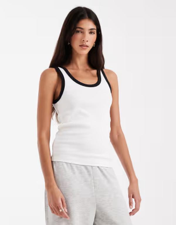 ピーシーズ レディース トップス シャツ コントラスト Pieces contrastrim tank top Bright white black ホワイト