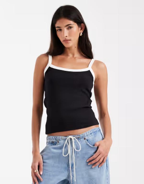ピーシーズ レディース トップス シャツ コントラスト Pieces contrastrim cami top Black bright white ホワイト|ReVida 店
