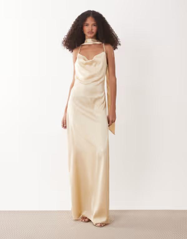 ジェイディーワイ レディース トップス ワンピース オープンバック サテン マキシ JDY cowl neck satin maxi dress with open back and scarf in palemon YELLOW イエロー