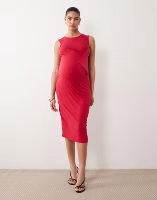 ママライシアス レディース トップス ワンピース ギャザー ミディ ノースリーブ マタニティ Mama.licious Mamalicious Maternity sleevelesside ruchedetail slinky midi dress Passion red レッド