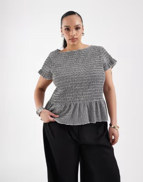 オンリーカーブ レディース トップス Tシャツ ギンガムチェック ギャザー ギンガム ONLY Curve ruchedetail boatneck top gingham Blakc ブラック