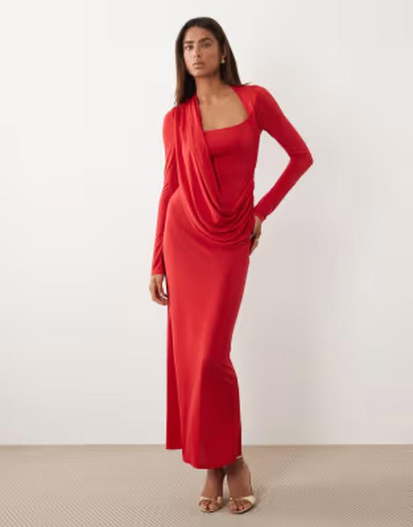 エイソス レディース トップス ワンピース アシンメトリー ドレープ マキシ ASOS DESIGN slinky square neck maxi dress with asymmetric drape detail Red レッド