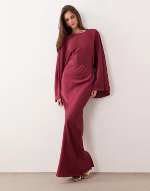 エイソス レディース トップス ワンピース サテン マキシ ASOS DESIGN textured satin batwing bias waisted maxi dress in raspberry