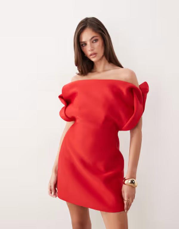 エイソス レディース トップス 衣装 ミニ アクアラング ASOS DESIGN structured bardot mini dresscuba-style fabric Red 赤いこと ワンピース-レディースファッション