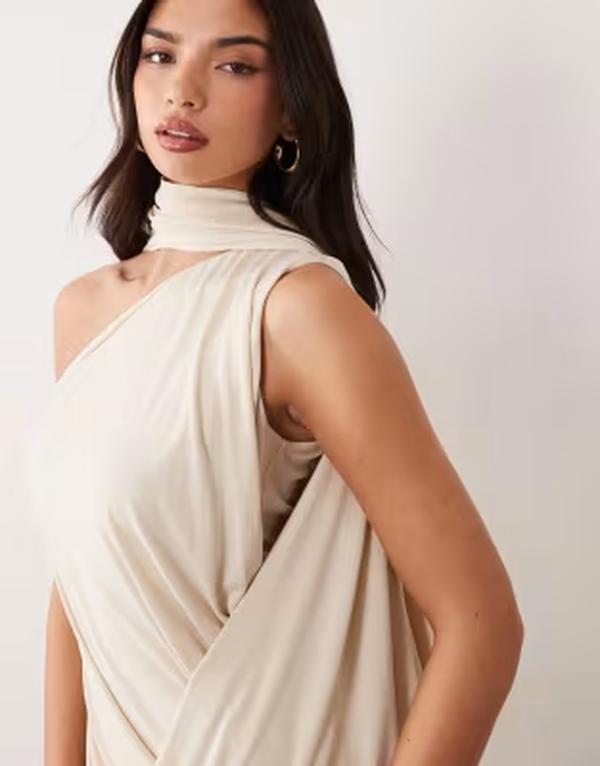 エイソス レディース トップス 衣装 ASOS DESIGN one shoulder scarf wrap dress インチ cream 皮膚軟化剤