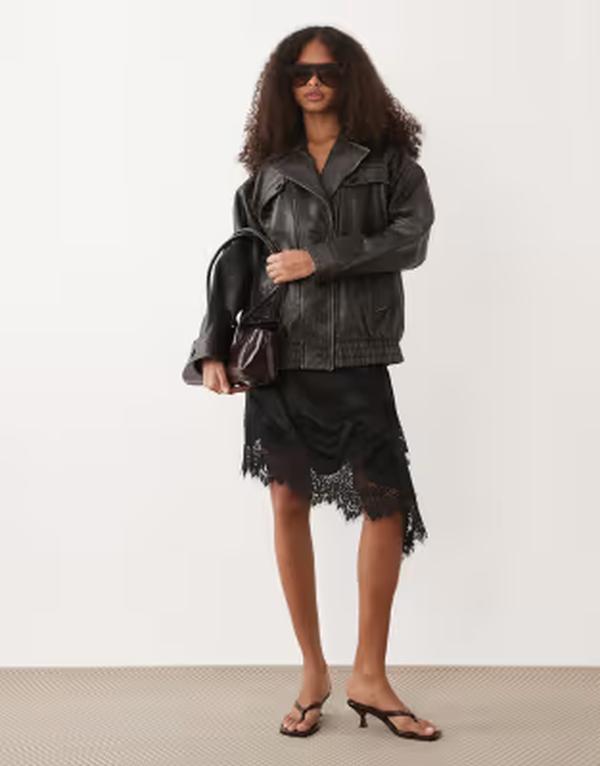 マンゴ レディース アウター 上衣・上衣 なめし革 Mango 100% leather oversized jacket インチ distressed BROWN 赤銅色