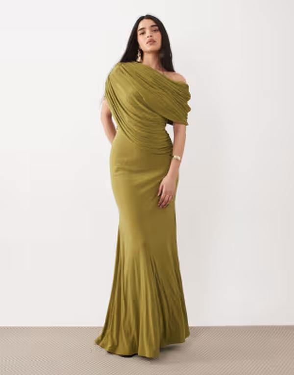 エイソス レディース トップス ワンピース マキシ ASOS DESIGN off the shoulder wrap bodice detailing maxi dress with train Olive オリーブ｜ReVida 店
