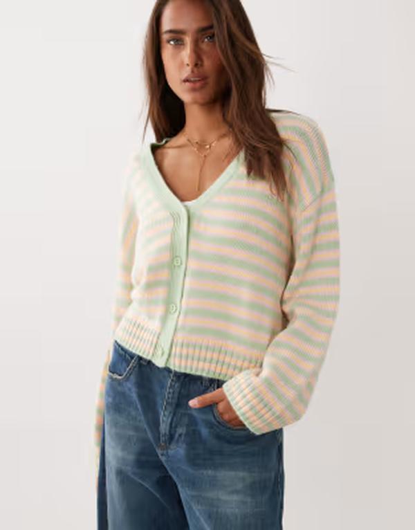 エイソス レディース アウター カーディガン Vネック ニット ASOS DESIGN knit v neck cardigan stripe Green stripe グリーン 14,386円
