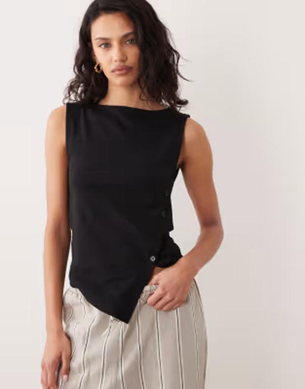 エイソス レディース トップス プルオーバー 非対称 肋材 ASOS DESIGN ribbed asymmetric button detail top Black 黒いこと