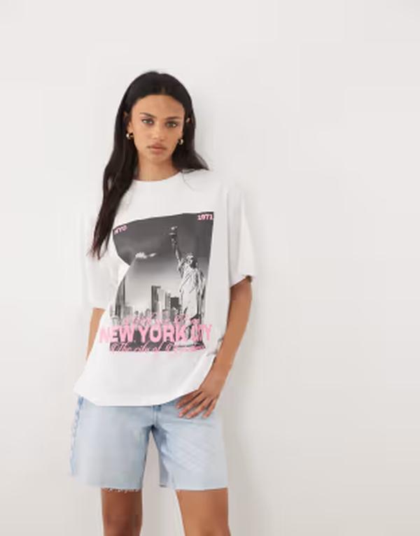 エイソス レディース トップス Tシャツ グラフィック ASOS DESIGN oversized t-shirt with new york graphic and White ホワイト