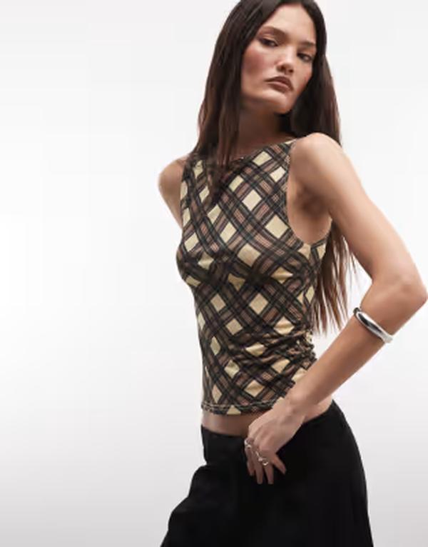 リクレイム ヴィンテージ レディース トップス ベスト プリント Reclaimed Vintage slash neck tank top in plaid print Black check ブラック｜ReVida 店