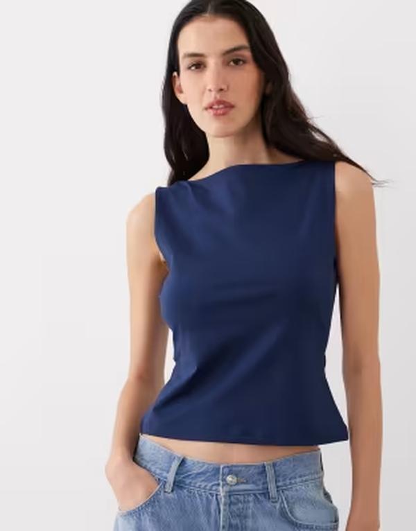 エイソス レディース トップス シャツ ASOS DESIGN polyamide slinky boat neck top Navy ネイビー