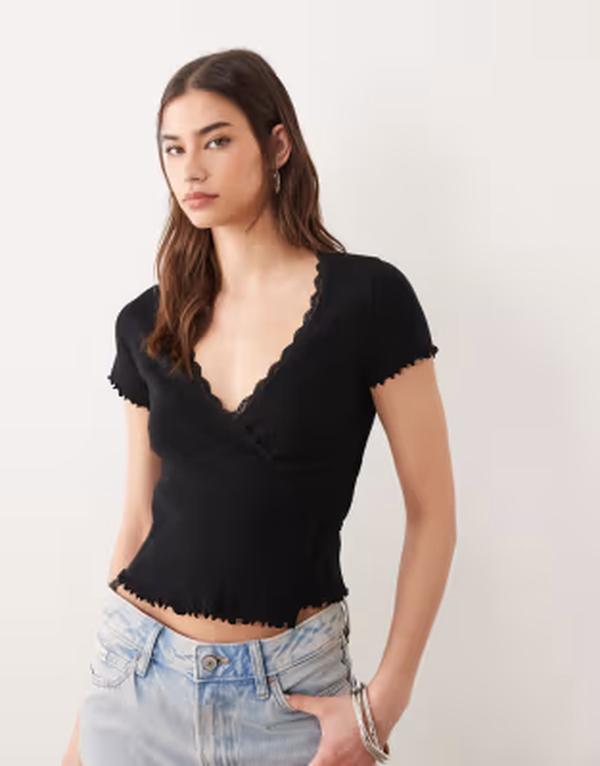 ミスセルフフリッジ レディース トップス シャツ Misselfridge pointellettuce detail wrap top Black ブラック|ReVida 店