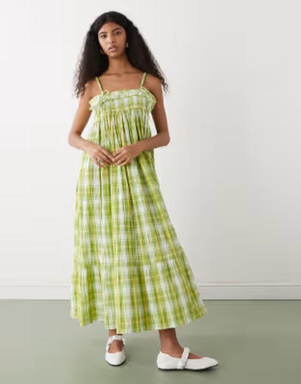 リクレイム ヴィンテージ レディース トップス 衣装 フラウンス マキシ Reclaimed Vintage maxi cami smock dress with ruffles and bow straps check green 緑であること