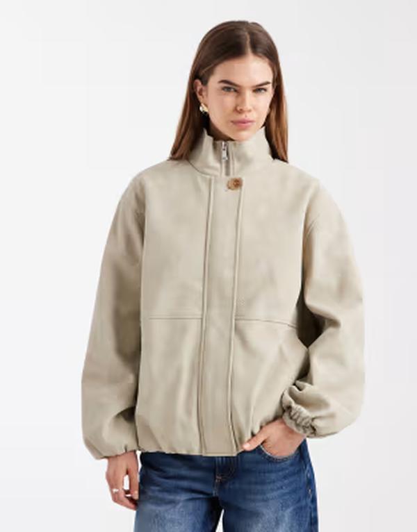 エイソス レディース アウター ジャケット・ブルゾン スタンドネック レザー ASOS DESIGN oversized leather look bubble hem funnel neck jacket in stone ストーン