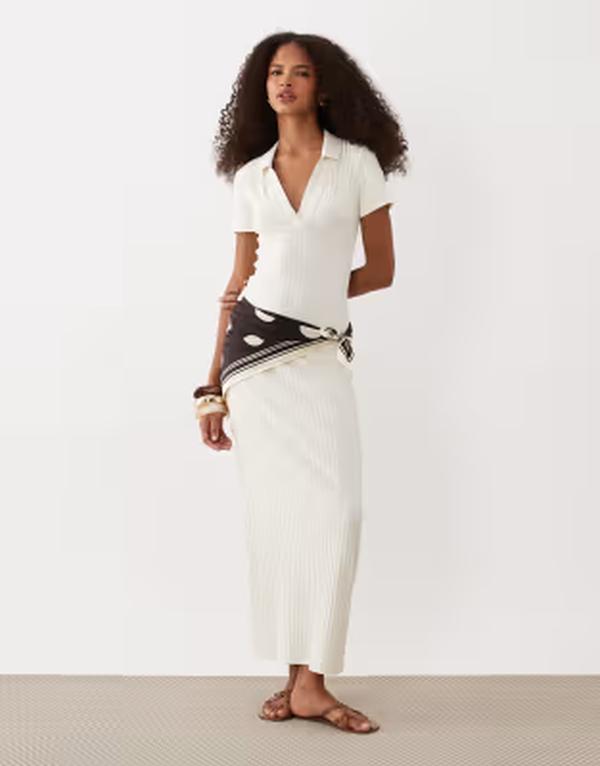 エイソス レディース トップス ワンピース ポロシャツ リブ ミディ ASOS DESIGN ribbed short sleeve polo midi dress BEIGE ベージュ