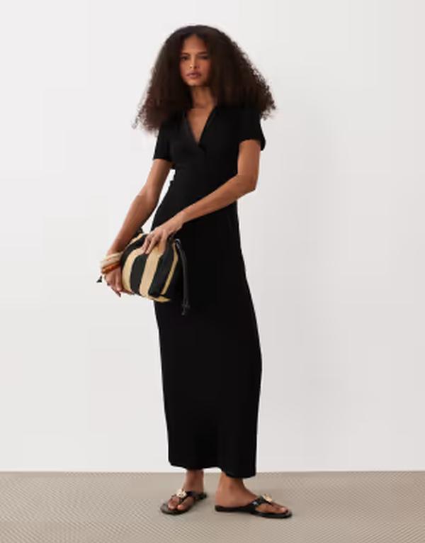 エイソス レディース トップス ワンピース ポロシャツ リブ ミディ ASOS DESIGN ribbed short sleeve polo midi dress Black ブラック