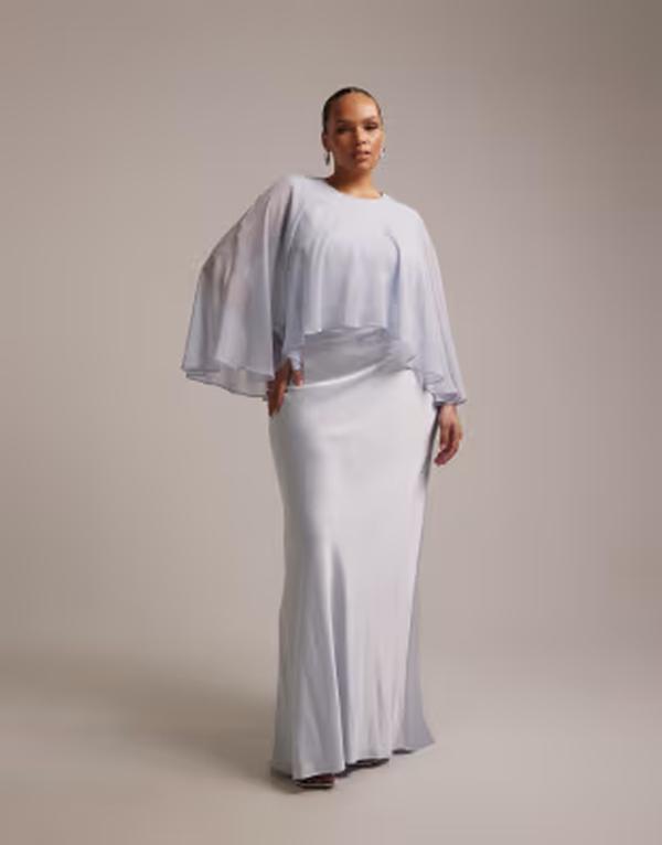 エイソス レディース トップス ワンピース シフォン ケープデザイン オーバーレイ シアー サテン キャップ ケープ ASOS Curve ASOS DESIGN Curve bridesmaidsheer chiffon cape overlay with bias cut satin dress BLUE ブルー