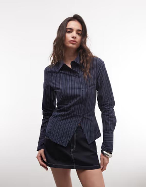 ウィークデイ レディース トップス シャツ アシンメトリー Weekday asymmetric shirt with slit detail in dark blue stripe Dark blue stripe ブルー