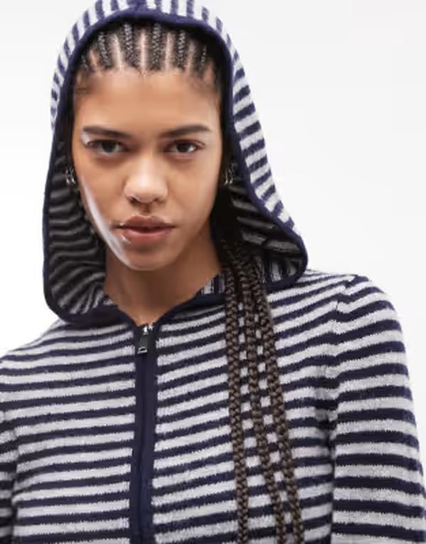 コルージョン レディース アウター パーカー・スウェット ニット COLLUSION knit zip up hoodie gray stripes BLUE ブルー