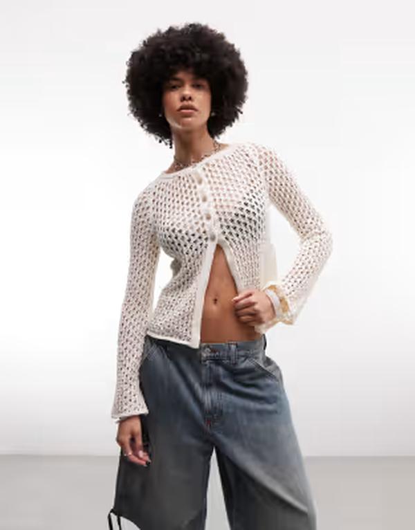 エイソス レディース アウター カーディガン ニット ASOS DESIGN knit crochet longline cardigan in ecru エクリュ｜ReVida 店