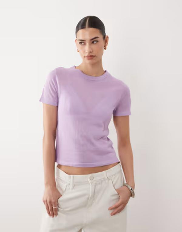 エイソス レディース トップス Tシャツ シアー ニット ASOS DESIGN sheer knit-shirt in lilac ライラック|ReVida 店