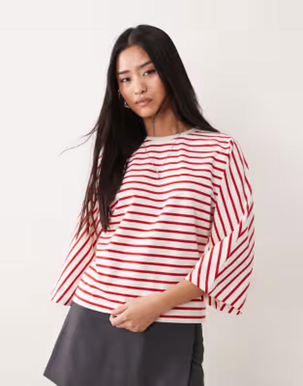 エイソス レディース トップス プルオーバー ASOS DESIGN oversized batwing sleeve top and white stripe RED \u0026 WHITE STRIPE 白いこと